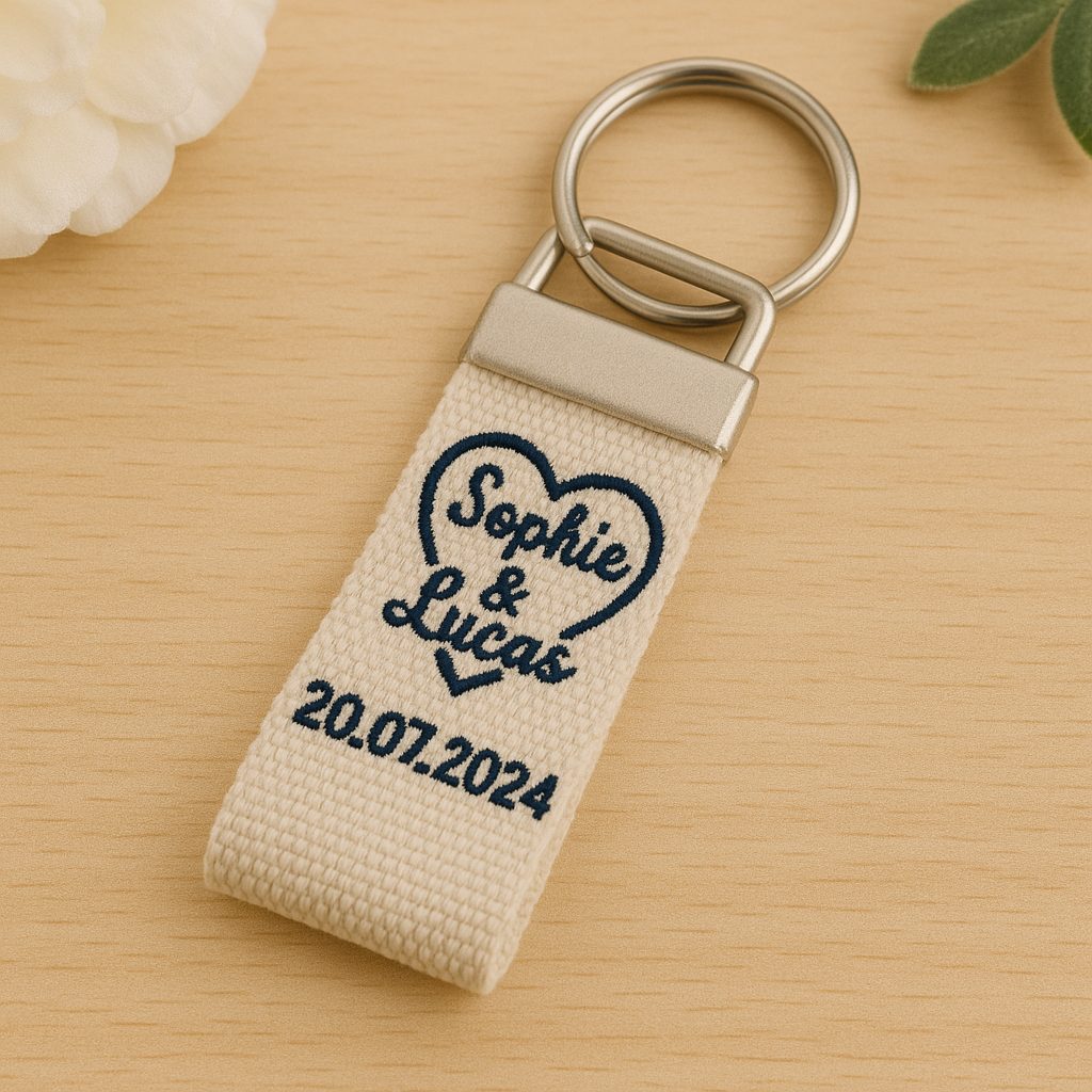 Porte clé brodée pour un mariage, avec date de mariage et prénoms des mariés